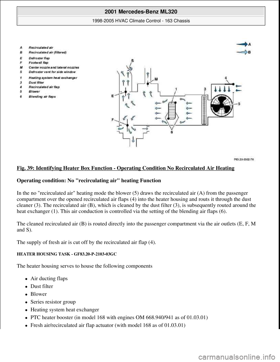 MERCEDES-BENZ ML350 1997 Complete Repair Manual Fig. 39: Identifying Heater Box Function - Operating Condition No Recirculated Air Heating
Operating condition: No "recirculating air" heating Function
In the no "recirculated air" heating mode the MERCEDES-BENZ ML350 1997 Complete Repair Manual Fig. 39: Identifying Heater Box Function - Operating Condition No Recirculated Air Heating
Operating condition: No "recirculating air" heating Function
In the no "recirculated air" heating mode the