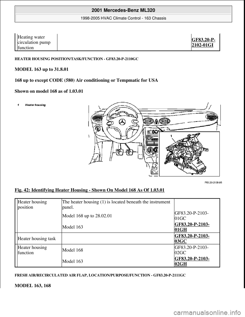 MERCEDES-BENZ ML350 1997 Complete Repair Manual HEATER HOUSING POSITION/TASK/FUNCTION - GF83.20-P-2110GC
MODEL 163 up to 31.8.01
168 up to except CODE (580) Air conditioning or Tempmatic for USA
Shown on model 168 as of 1.03.01
Fig. 42: Iden MERCEDES-BENZ ML350 1997 Complete Repair Manual HEATER HOUSING POSITION/TASK/FUNCTION - GF83.20-P-2110GC
MODEL 163 up to 31.8.01
168 up to except CODE (580) Air conditioning or Tempmatic for USA
Shown on model 168 as of 1.03.01
Fig. 42: Iden