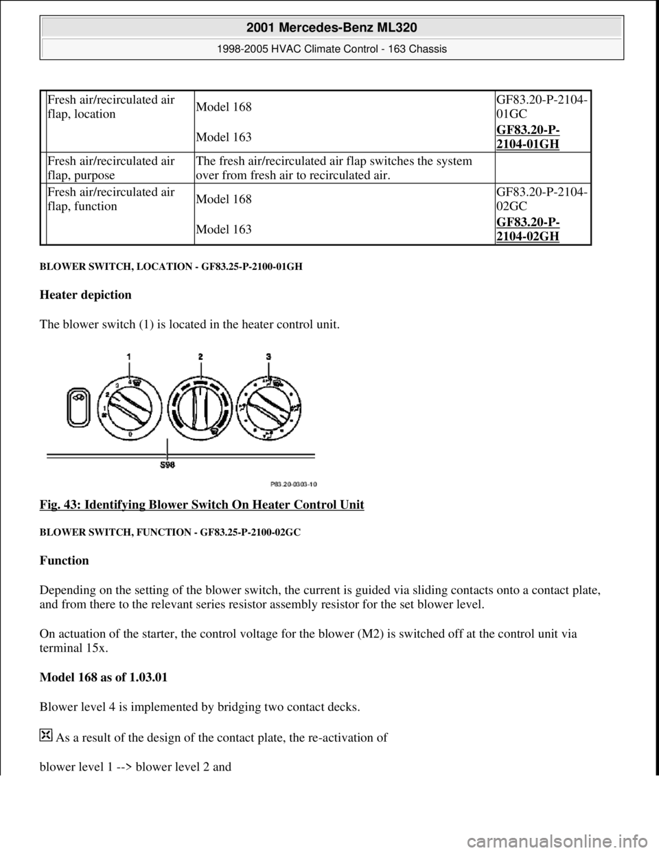 MERCEDES-BENZ ML350 1997 Complete Repair Manual BLOWER SWITCH, LOCATION - GF83.25-P-2100-01GH
Heater depiction
The blower switch (1) is located in the heater control unit.
Fig. 43: Identifying Blower Switch On Heater Control Unit
BLOWER SWITC MERCEDES-BENZ ML350 1997 Complete Repair Manual BLOWER SWITCH, LOCATION - GF83.25-P-2100-01GH
Heater depiction
The blower switch (1) is located in the heater control unit.
Fig. 43: Identifying Blower Switch On Heater Control Unit
BLOWER SWITC