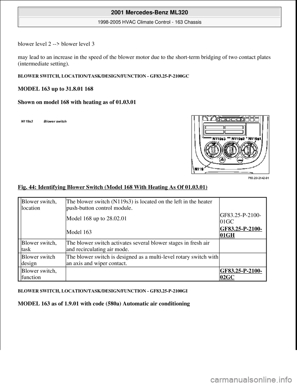 MERCEDES-BENZ ML350 1997 Complete Repair Manual blower level 2 --> blower level 3
may lead to an increase in the speed of the blower motor due to the short-term bridging of two contact plates
(intermediate setting).
BLOWER SWITCH, LOCATION/TASK/ MERCEDES-BENZ ML350 1997 Complete Repair Manual blower level 2 --> blower level 3
may lead to an increase in the speed of the blower motor due to the short-term bridging of two contact plates
(intermediate setting).
BLOWER SWITCH, LOCATION/TASK/