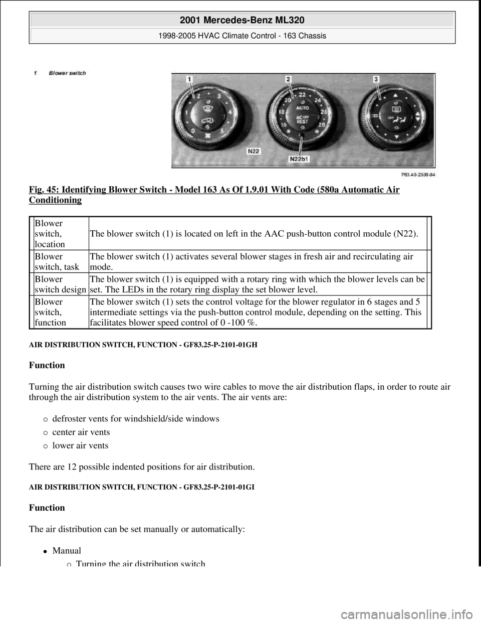 MERCEDES-BENZ ML350 1997  Complete Repair Manual Fig. 45: Identifying Blower Switch - Model 163 As Of 1.9.01 With Code (580a Automatic Air 
Conditioning 
AIR DISTRIBUTION SWITCH, FUNCTION - GF83.25-P-2101-01GH 
Function  
Turning the air distributio