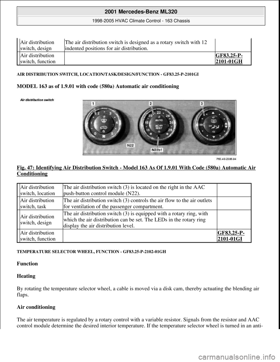 MERCEDES-BENZ ML350 1997 Complete Repair Manual AIR DISTRIBUTION SWITCH, LOCATION/TASK/DESIGN/FUNCTION - GF83.25-P-2101GI
MODEL 163 as of 1.9.01 with code (580a) Automatic air conditioning
Fig. 47: Identifying Air Distribution Switch
- Model 16 MERCEDES-BENZ ML350 1997 Complete Repair Manual AIR DISTRIBUTION SWITCH, LOCATION/TASK/DESIGN/FUNCTION - GF83.25-P-2101GI
MODEL 163 as of 1.9.01 with code (580a) Automatic air conditioning
Fig. 47: Identifying Air Distribution Switch
- Model 16