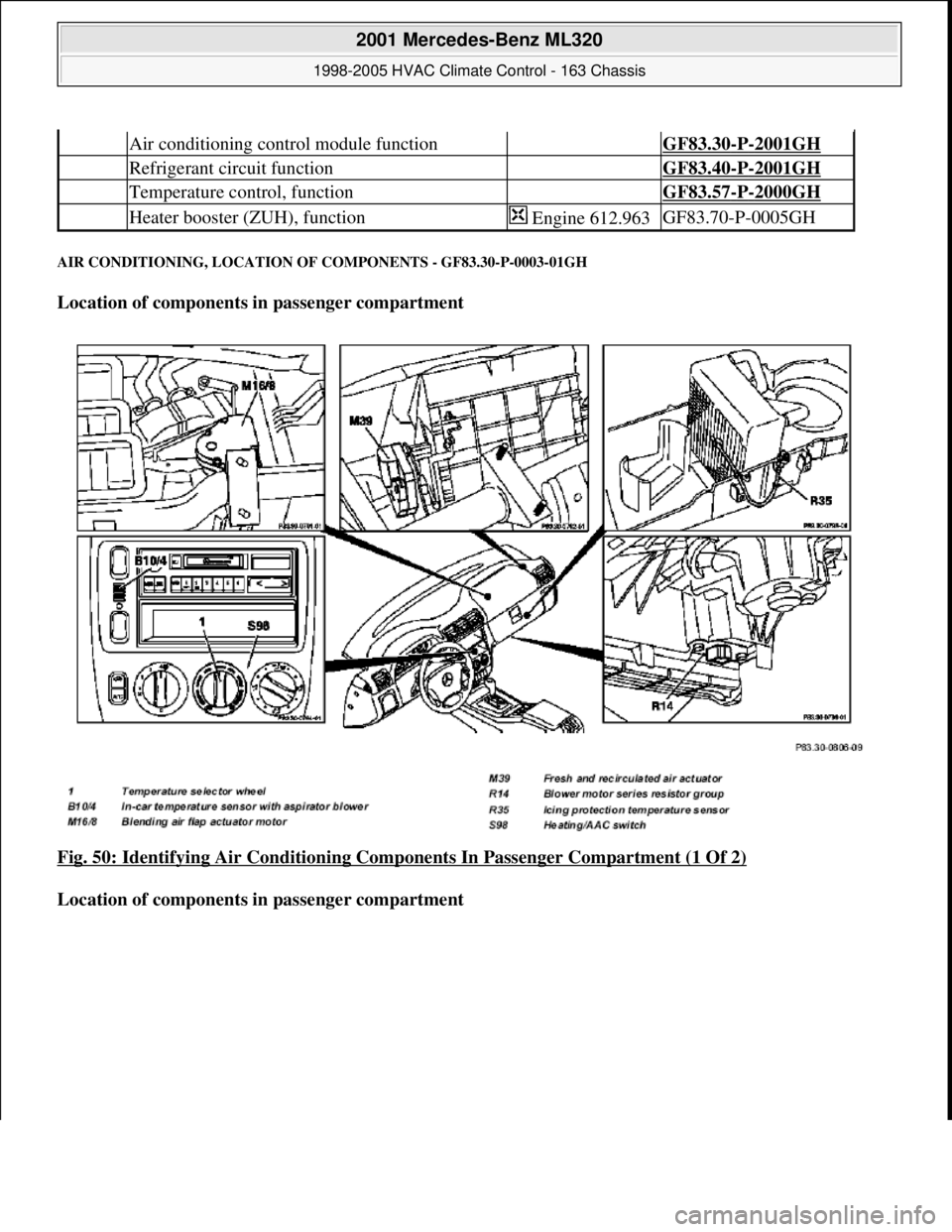 MERCEDES-BENZ ML350 1997 Complete Repair Manual AIR CONDITIONING, LOCATION OF COMPONENTS - GF83.30-P-0003-01GH
Location of components in passenger compartment
Fig. 50: Identifying Air Conditioning Components In Passenger Compartment (1 Of 2)
L MERCEDES-BENZ ML350 1997 Complete Repair Manual AIR CONDITIONING, LOCATION OF COMPONENTS - GF83.30-P-0003-01GH
Location of components in passenger compartment
Fig. 50: Identifying Air Conditioning Components In Passenger Compartment (1 Of 2)
L