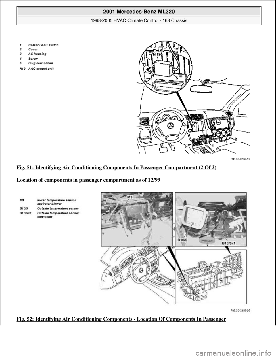 MERCEDES-BENZ ML350 1997 Complete Repair Manual Fig. 51: Identifying Air Condi tioning Components In Passenger Compartment (2 Of 2)
Location of components in passenger compartment as of 12/99
Fig. 52: Identifying Air Conditioning Component MERCEDES-BENZ ML350 1997 Complete Repair Manual Fig. 51: Identifying Air Condi tioning Components In Passenger Compartment (2 Of 2)
Location of components in passenger compartment as of 12/99
Fig. 52: Identifying Air Conditioning Component