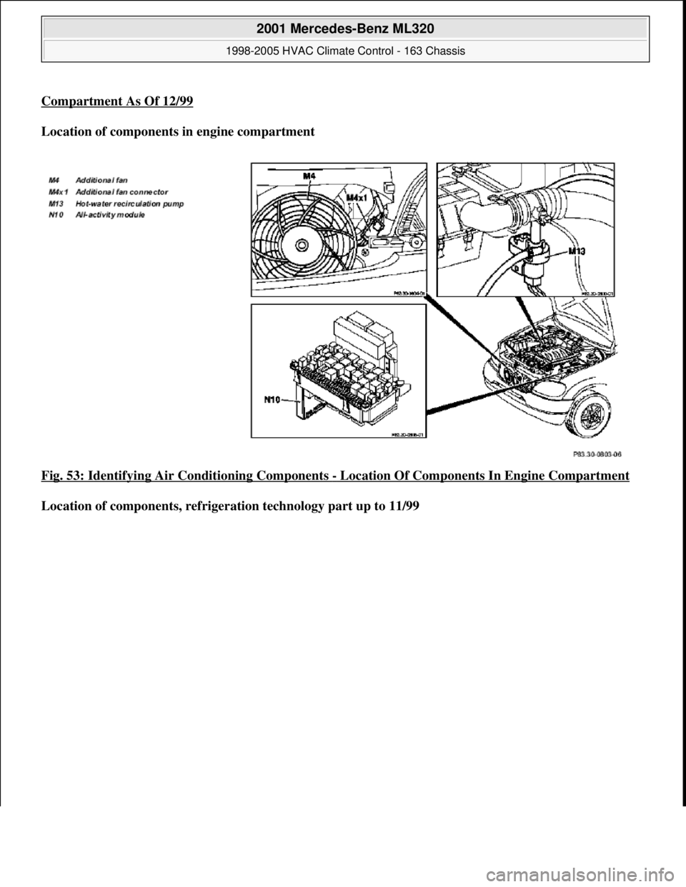 MERCEDES-BENZ ML350 1997 Complete Repair Manual Compartment As Of 12/99
Location of components in engine compartment
Fig. 53: Identifying Air Conditioning Components
- Location Of Components In Engine Compartment
Location of components, refrig MERCEDES-BENZ ML350 1997 Complete Repair Manual Compartment As Of 12/99
Location of components in engine compartment
Fig. 53: Identifying Air Conditioning Components
- Location Of Components In Engine Compartment
Location of components, refrig