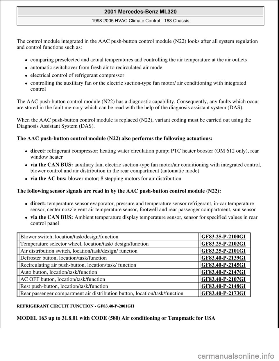 MERCEDES-BENZ ML350 1997  Complete Repair Manual The control module integrated in the AAC push-button control module (N22) looks after all system regulation 
and control functions such as: 
comparing preselected and actual temperatures and contro