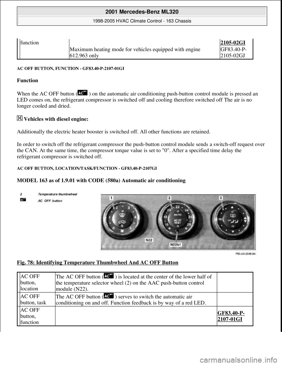 MERCEDES-BENZ ML350 1997  Complete Repair Manual AC OFF BUTTON, FUNCTION - GF83.40-P-2107-01GI 
Function  
When the AC OFF button (  ) on the automatic air conditioning push-button control module is pressed an 
LED comes on, the refrigerant compress