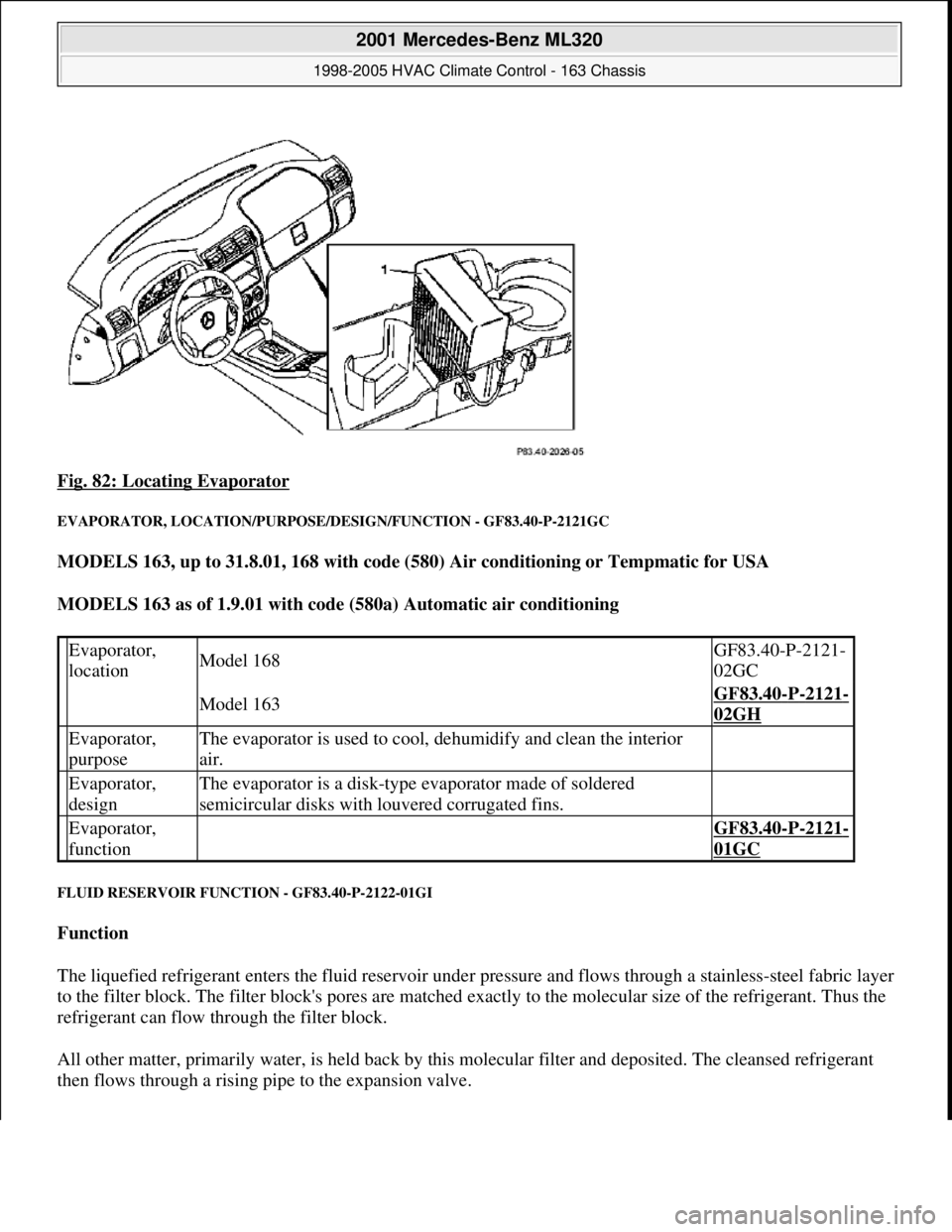 MERCEDES-BENZ ML350 1997  Complete Repair Manual Fig. 82: Locating Evaporator 
EVAPORATOR, LOCATION/PURPOSE/DESIGN/FUNCTION - GF83.40-P-2121GC 
MODELS 163, up to 31.8.01, 168 with code (580) Air conditioning or Tempmatic for USA  
MODELS 163 as of 1