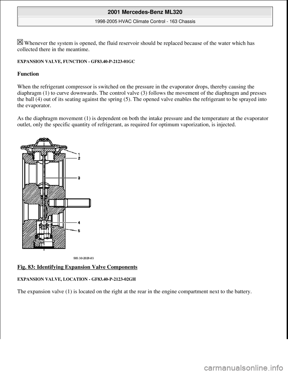 MERCEDES-BENZ ML350 1997  Complete Repair Manual  Whenever the system is opened, the fluid reservoir should be replaced because of the water which has 
collected there in the meantime. 
EXPANSION VALVE, FUNCTION - GF83.40-P-2123-01GC 
Function  
Whe