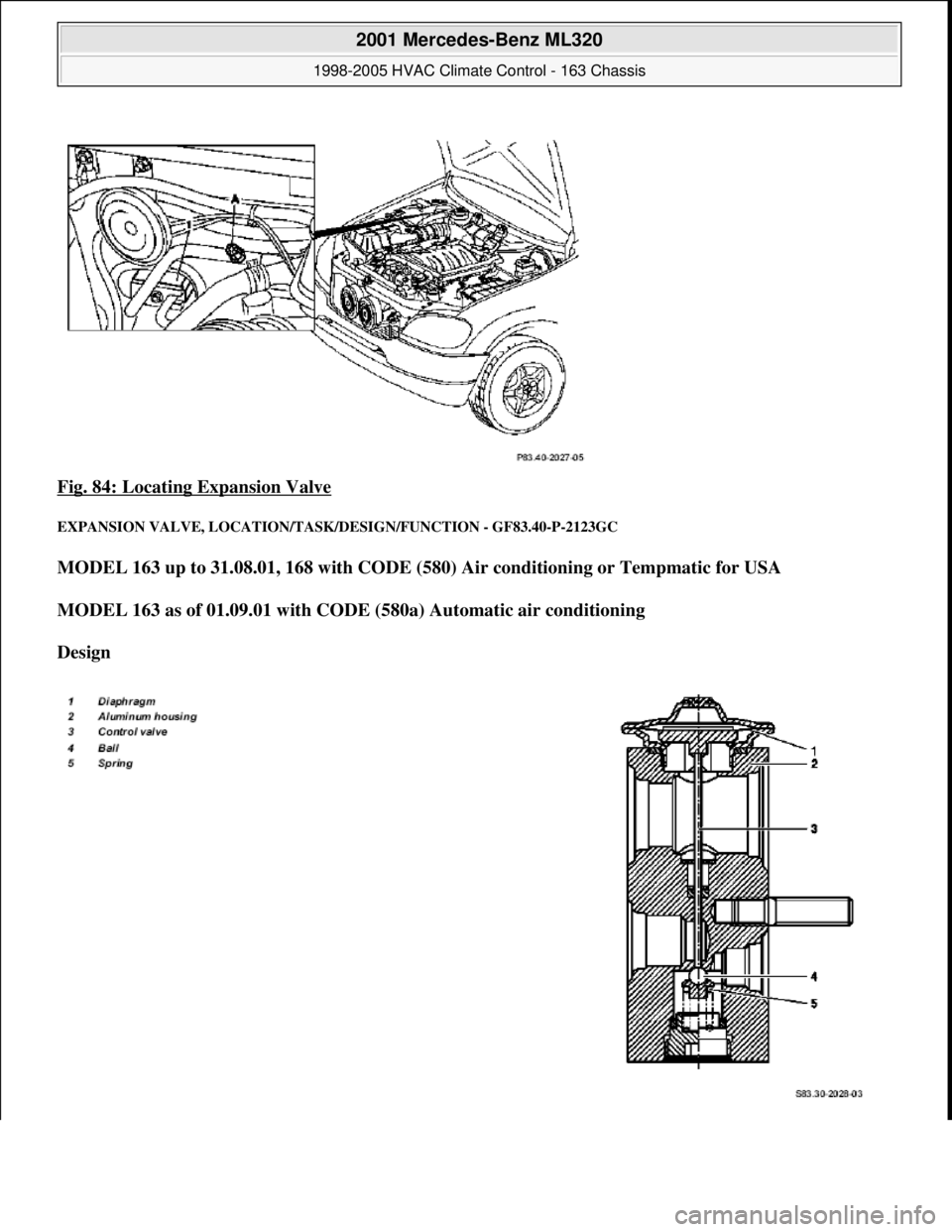 MERCEDES-BENZ ML350 1997  Complete Repair Manual Fig. 84: Locating Expansion Valve 
EXPANSION VALVE, LO CATION/TASK/DESIGN/FUNCTION - GF83.40-P-2123GC 
MODEL 163 up to 31.08.01, 168 with CODE (580) Ai r conditioning or Tempmatic for USA   
MODEL 163