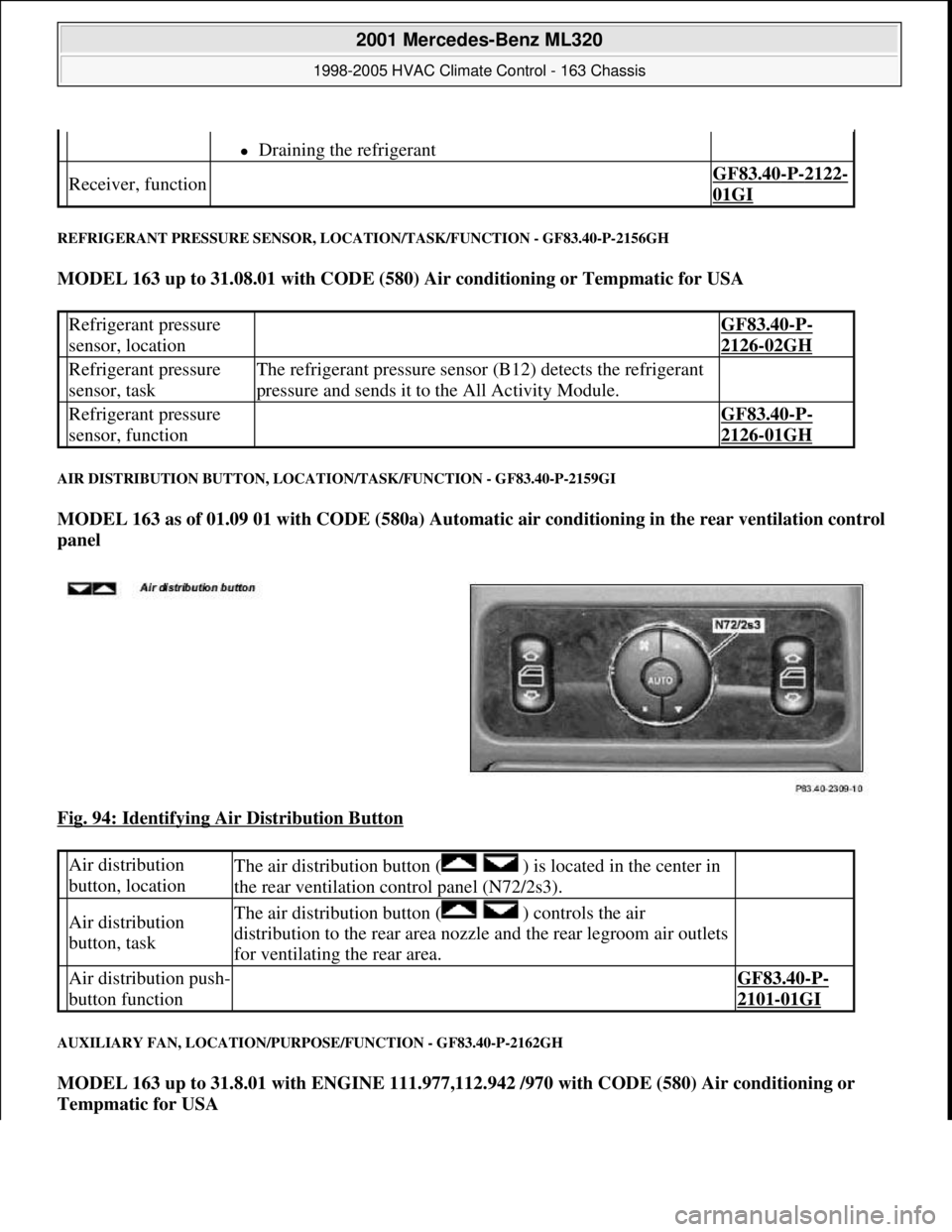 MERCEDES-BENZ ML350 1997 Complete Repair Manual REFRIGERANT PRESSURE SENSOR, LOCATION/TASK/FUNCTION - GF83.40-P-2156GH
MODEL 163 up to 31.08.01 with CODE (580) Air conditioning or Tempmatic for USA
AIR DISTRIBUTION BUTTON, LOCATION/TASK/FUNCTION MERCEDES-BENZ ML350 1997 Complete Repair Manual REFRIGERANT PRESSURE SENSOR, LOCATION/TASK/FUNCTION - GF83.40-P-2156GH
MODEL 163 up to 31.08.01 with CODE (580) Air conditioning or Tempmatic for USA
AIR DISTRIBUTION BUTTON, LOCATION/TASK/FUNCTION