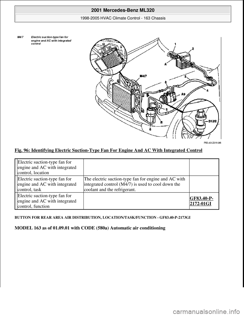 MERCEDES-BENZ ML350 1997 Complete Repair Manual Fig. 96: Identifying Electric Suction-Type Fan For Engine And AC With Integrated Control
BUTTON FOR REAR AREA AIR DISTRIBUTION, LOCATION/TASK/FUNCTION - GF83.40-P-2173GI
MODEL 163 as of 01.09.01 wit MERCEDES-BENZ ML350 1997 Complete Repair Manual Fig. 96: Identifying Electric Suction-Type Fan For Engine And AC With Integrated Control
BUTTON FOR REAR AREA AIR DISTRIBUTION, LOCATION/TASK/FUNCTION - GF83.40-P-2173GI
MODEL 163 as of 01.09.01 wit