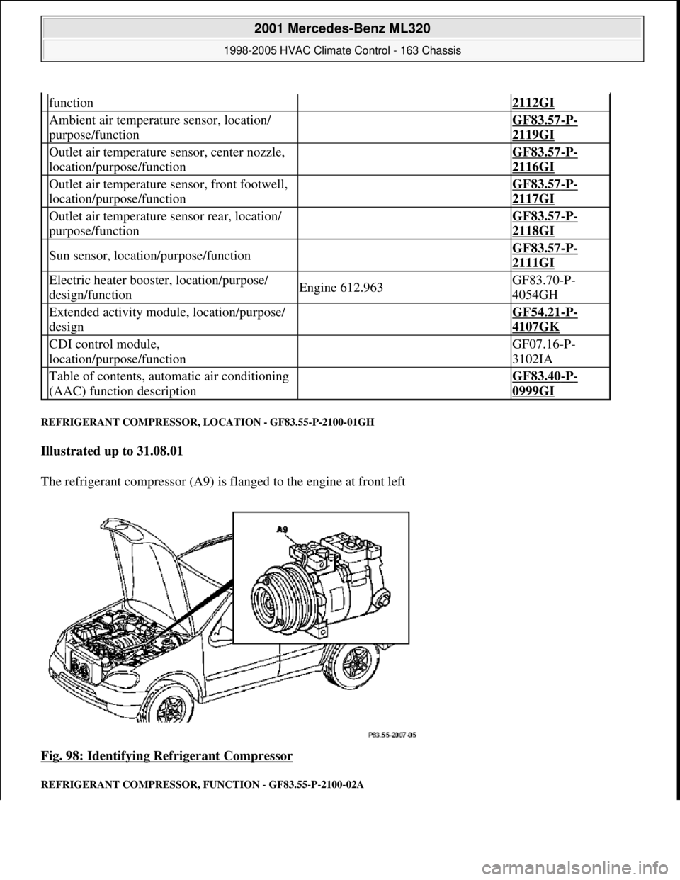 MERCEDES-BENZ ML350 1997 Complete Repair Manual REFRIGERANT COMPRESSOR, LOCATION - GF83.55-P-2100-01GH
Illustrated up to 31.08.01
The refrigerant compressor (A9) is flanged to the engine at front left
Fig. 98: Identifying Refrigerant Compressor MERCEDES-BENZ ML350 1997 Complete Repair Manual REFRIGERANT COMPRESSOR, LOCATION - GF83.55-P-2100-01GH
Illustrated up to 31.08.01
The refrigerant compressor (A9) is flanged to the engine at front left
Fig. 98: Identifying Refrigerant Compressor