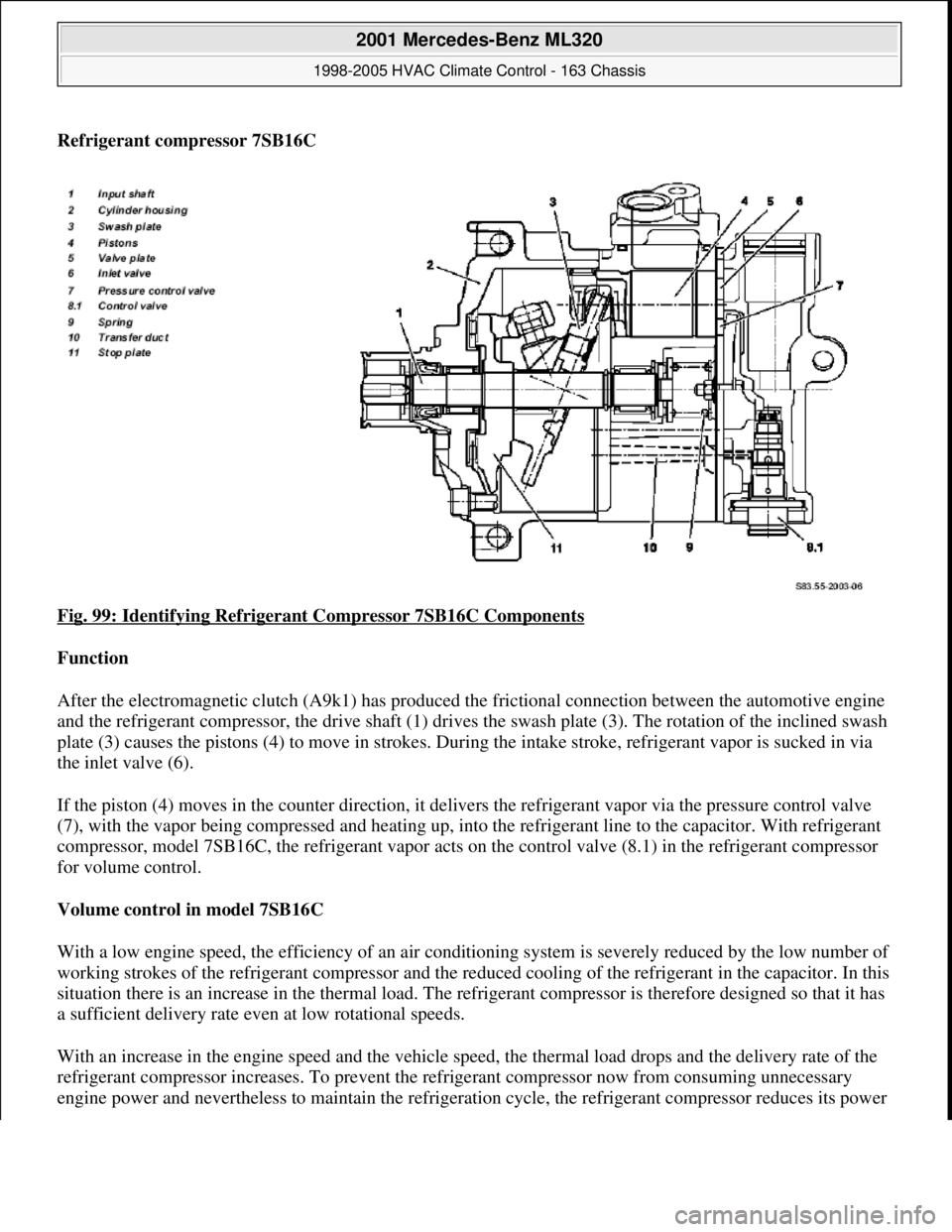 MERCEDES-BENZ ML350 1997 Complete Repair Manual Refrigerant compressor 7SB16C
Fig. 99: Identifying Refrigerant Compressor 7SB16C Components
Function
After the electromagnetic clutch (A9k1) has produced the frictional connection between the au MERCEDES-BENZ ML350 1997 Complete Repair Manual Refrigerant compressor 7SB16C
Fig. 99: Identifying Refrigerant Compressor 7SB16C Components
Function
After the electromagnetic clutch (A9k1) has produced the frictional connection between the au