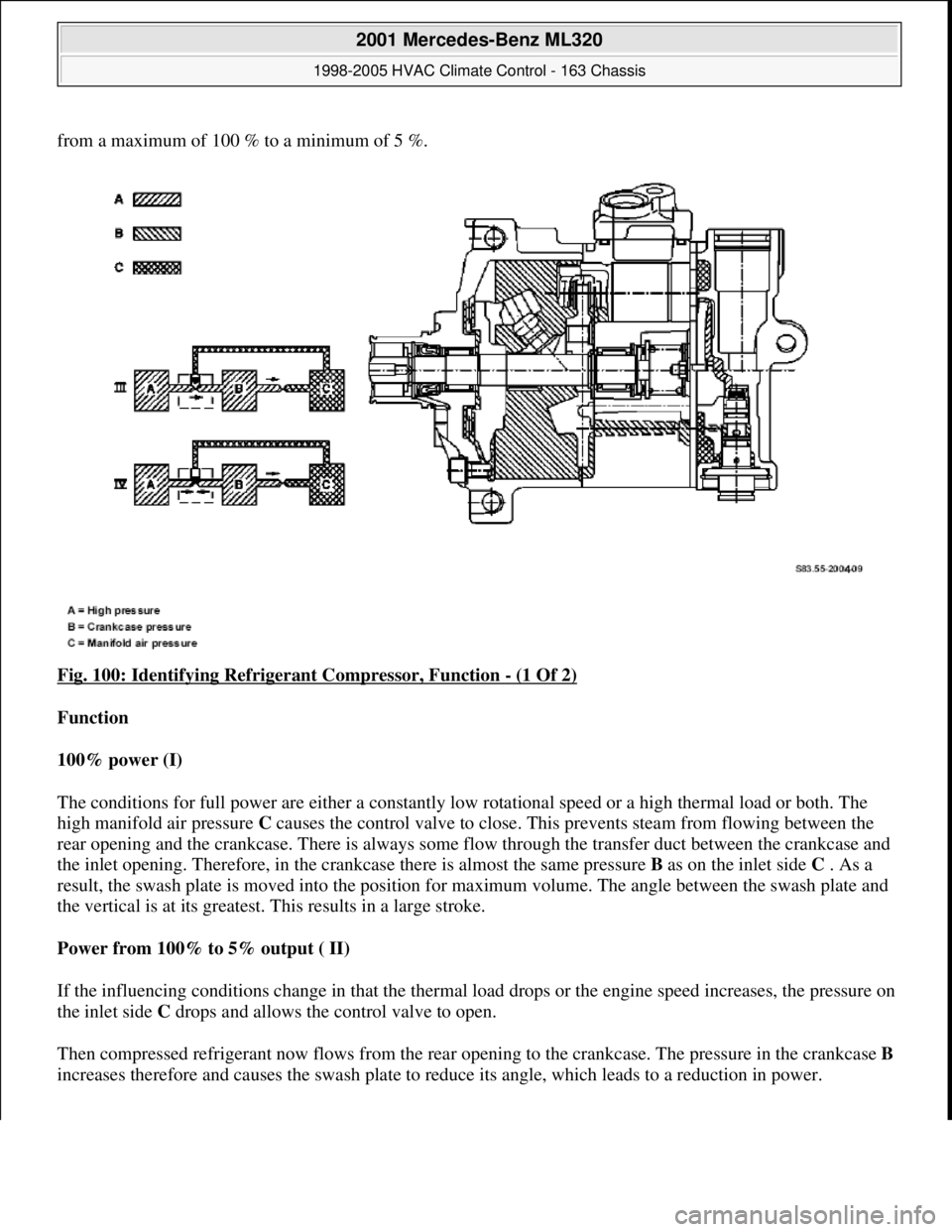 MERCEDES-BENZ ML350 1997 Complete Repair Manual from a maximum of 100 % to a minimum of 5 %.
Fig. 100: Identifying Refrigerant Compressor, Function
- (1 Of 2)
Function
100% power (I)
The conditions for full power are either a constantly low r MERCEDES-BENZ ML350 1997 Complete Repair Manual from a maximum of 100 % to a minimum of 5 %.
Fig. 100: Identifying Refrigerant Compressor, Function
- (1 Of 2)
Function
100% power (I)
The conditions for full power are either a constantly low r