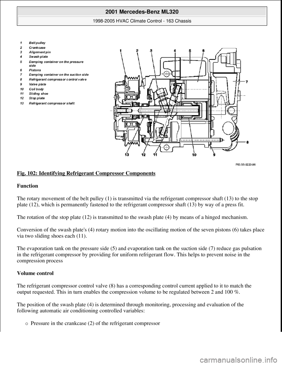 MERCEDES-BENZ ML350 1997 Complete Repair Manual Fig. 102: Identifying Refrigerant Compressor Components
Function
The rotary movement of the belt pulley (1) is transmitted via the refrigerant compressor shaft (13) to the stop
plate (12), which i MERCEDES-BENZ ML350 1997 Complete Repair Manual Fig. 102: Identifying Refrigerant Compressor Components
Function
The rotary movement of the belt pulley (1) is transmitted via the refrigerant compressor shaft (13) to the stop
plate (12), which i