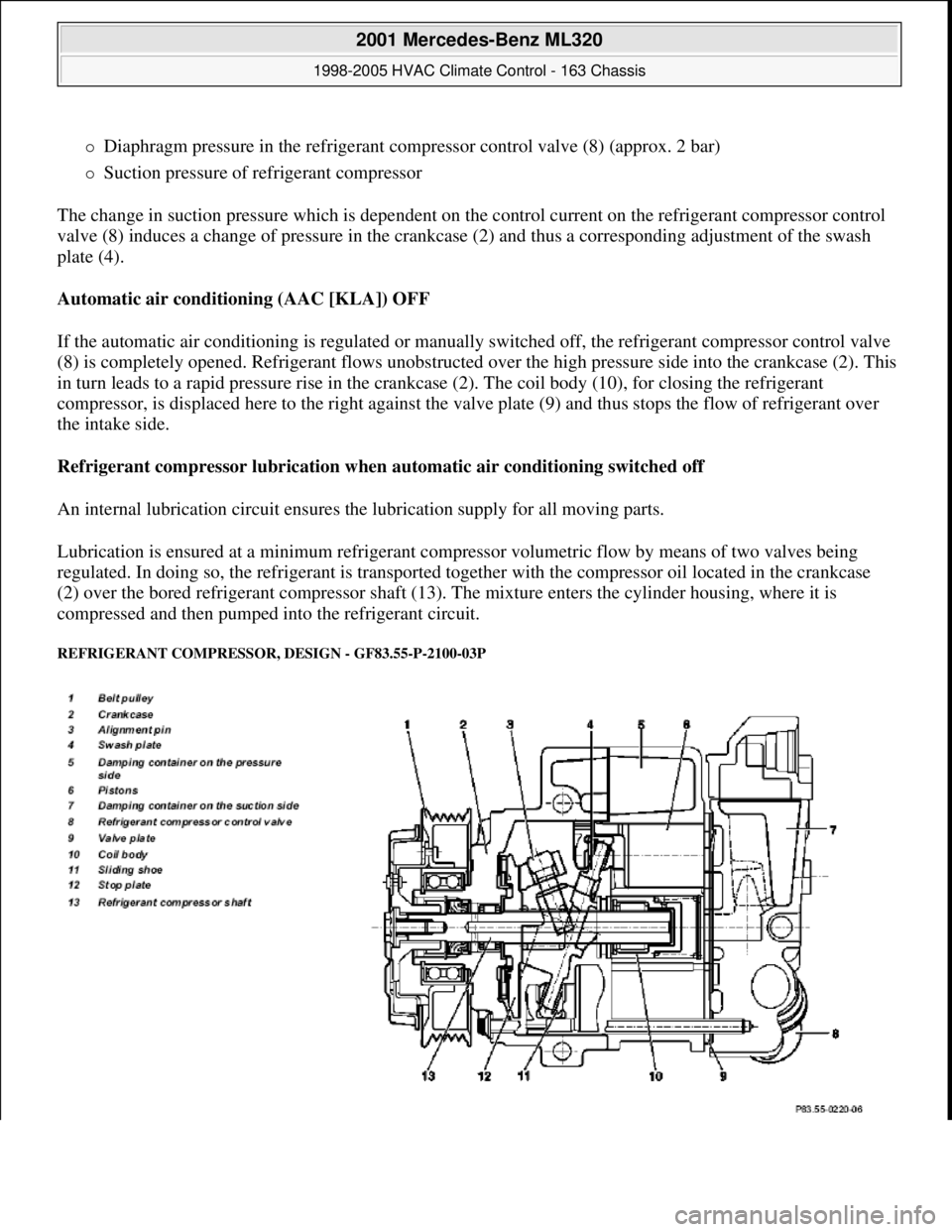 MERCEDES-BENZ ML350 1997 Complete Repair Manual Diaphragm pressure in the refrigerant compressor control valve (8) (approx. 2 bar)
Suction pressure of refrigerant compressor
The change in suction pressure which is dependent on the control MERCEDES-BENZ ML350 1997 Complete Repair Manual Diaphragm pressure in the refrigerant compressor control valve (8) (approx. 2 bar)
Suction pressure of refrigerant compressor
The change in suction pressure which is dependent on the control