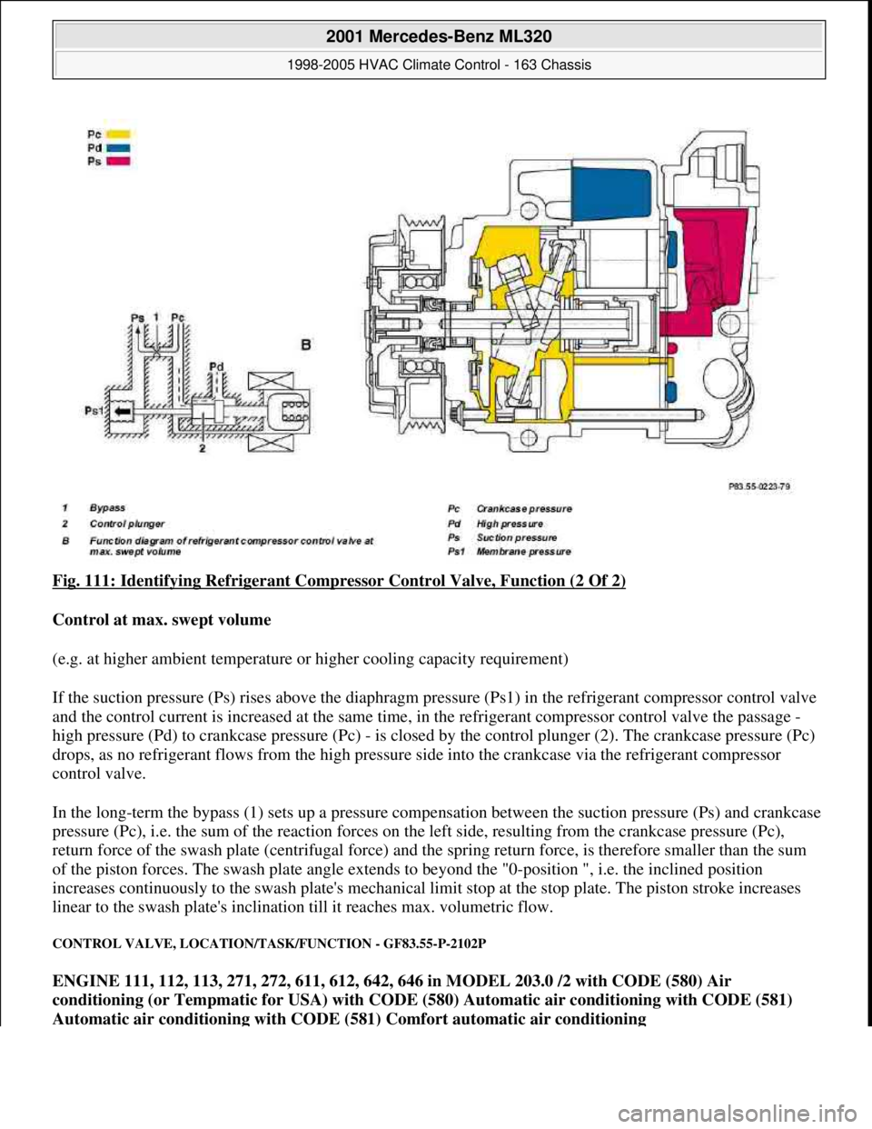 MERCEDES-BENZ ML350 1997 Complete Repair Manual Fig. 111: Identifying Refrigerant Compressor Control Valve, Function (2 Of 2)
Control at max. swept volume
(e.g. at higher ambient temperature or higher cooling capacity requirement)
If the suctio MERCEDES-BENZ ML350 1997 Complete Repair Manual Fig. 111: Identifying Refrigerant Compressor Control Valve, Function (2 Of 2)
Control at max. swept volume
(e.g. at higher ambient temperature or higher cooling capacity requirement)
If the suctio