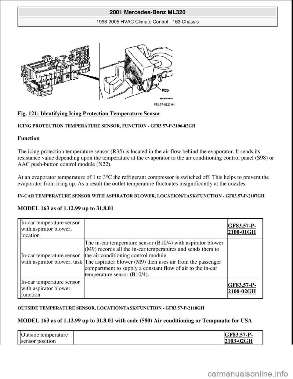 MERCEDES-BENZ ML350 1997 Complete Repair Manual Fig. 121: Identifying Icing Protection Temperature Sensor
ICING PROTECTION TEMPERATURE SENSOR, FUNCTION - GF83.57-P-2106-02GH
Function
The icing protection temperature sensor (R35) is located in t MERCEDES-BENZ ML350 1997 Complete Repair Manual Fig. 121: Identifying Icing Protection Temperature Sensor
ICING PROTECTION TEMPERATURE SENSOR, FUNCTION - GF83.57-P-2106-02GH
Function
The icing protection temperature sensor (R35) is located in t