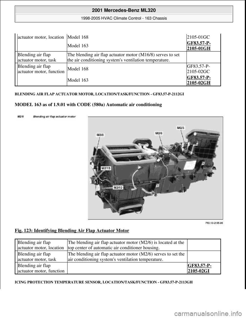 MERCEDES-BENZ ML350 1997 Complete Repair Manual BLENDING AIR FLAP ACTUATOR MOTOR, LOCATION/TASK/FUNCTION - GF83.57-P-2112GI
MODEL 163 as of 1.9.01 with CODE (580a) Automatic air conditioning
Fig. 123: Identifying Blending Air Flap Actuator Motor MERCEDES-BENZ ML350 1997 Complete Repair Manual BLENDING AIR FLAP ACTUATOR MOTOR, LOCATION/TASK/FUNCTION - GF83.57-P-2112GI
MODEL 163 as of 1.9.01 with CODE (580a) Automatic air conditioning
Fig. 123: Identifying Blending Air Flap Actuator Motor