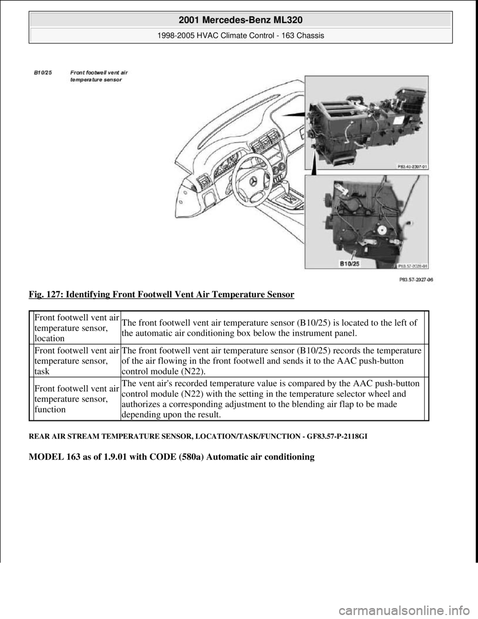 MERCEDES-BENZ ML350 1997  Complete Repair Manual Fig. 127: Identifying Front Footwell Vent Air Temperature Sensor 
REAR AIR STREAM TEMPERATURE SENSOR, LOCATION/TASK/FUNCTION - GF83.57-P-2118GI 
MODEL 163 as of 1.9.01 with CODE (580a) Automatic air c