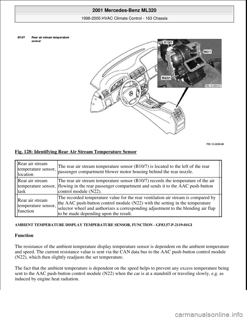 MERCEDES-BENZ ML350 1997  Complete Repair Manual Fig. 128: Identifying Rear Air Stream Temperature Sensor 
AMBIENT TEMPERATURE DISPLAY TEMPERATURE SENSOR, FUNCTION - GF83.57-P-2119-01GI 
Function  
The resistance of the ambient temperature display t