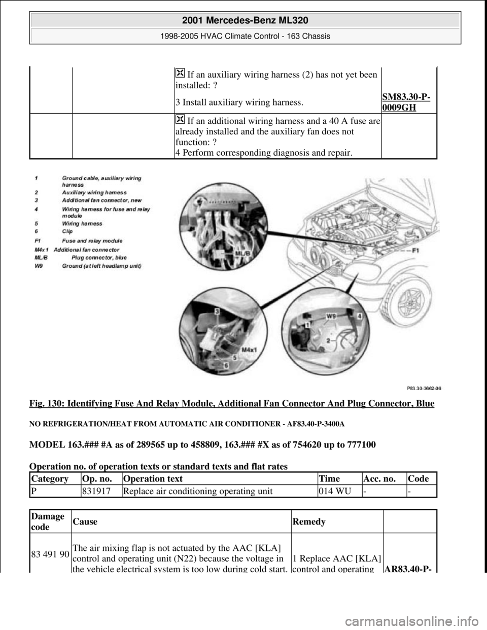 MERCEDES-BENZ ML350 1997  Complete Repair Manual Fig. 130: Identifying Fuse And Relay Module, Additional Fan Connector And Plug Connector, Blue 
NO REFRIGERATION/HEAT FROM AUTOMATIC AIR CONDITIONER - AF83.40-P-3400A 
MODEL 163.### #A as of 289565 up