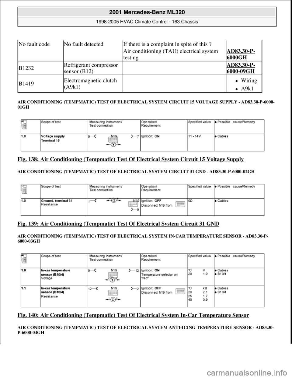 MERCEDES-BENZ ML350 1997  Complete Repair Manual AIR CONDITIONING (TEMPMAT IC) TEST OF ELECTRICAL SYSTEM CIRCUIT 15 VOLTAGE  SUPPLY - AD83.30-P-6000- 
01GH 
Fig. 138: Air Conditioning (Tem  pmatic) Test Of Electrical System Circuit 15 Voltage Supply