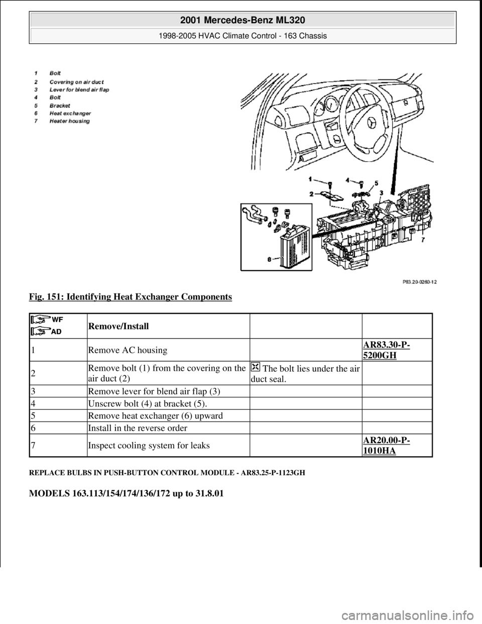 MERCEDES-BENZ ML350 1997  Complete Repair Manual Fig. 151: Identifying Heat Exchanger Components 
REPLACE BULBS IN PUSH-BUTTON CONTROL MODULE - AR83.25-P-1123GH 
MODELS 163.113/154/174/136/172 up to 31.8.01
 
 Remove/Install  
1Remove AC housing AR8