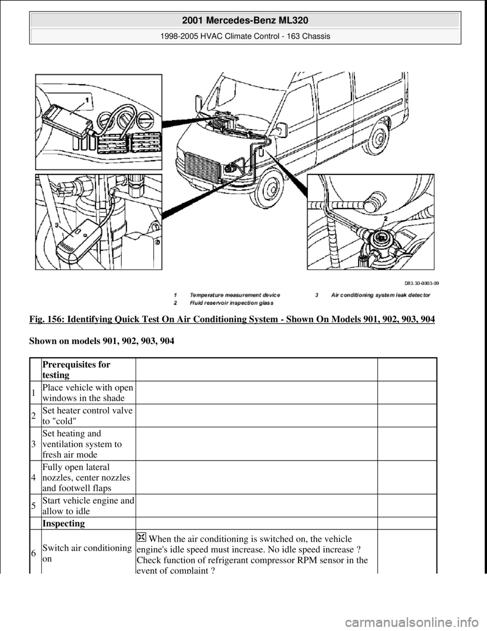 MERCEDES-BENZ ML350 1997  Complete Repair Manual Fig. 156: Identifying Quick Test On Air Conditioning System - Shown On Models 901, 902, 903, 904 
Shown on models 901, 902, 903, 904  
 Prerequisites for 
testing  
1Place vehicle with open 
windows i