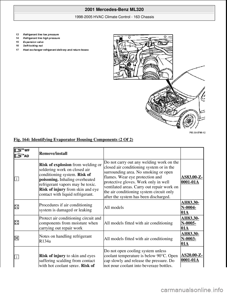 MERCEDES-BENZ ML350 1997 Complete Repair Manual Fig. 164: Identifying Evaporator Housing Components (2 Of 2)
Remove/install
Risk of explosion from welding or
soldering work on closed air
conditioning system. Risk of
poisoning. Inhaling o MERCEDES-BENZ ML350 1997 Complete Repair Manual Fig. 164: Identifying Evaporator Housing Components (2 Of 2)
Remove/install
Risk of explosion from welding or
soldering work on closed air
conditioning system. Risk of
poisoning. Inhaling o