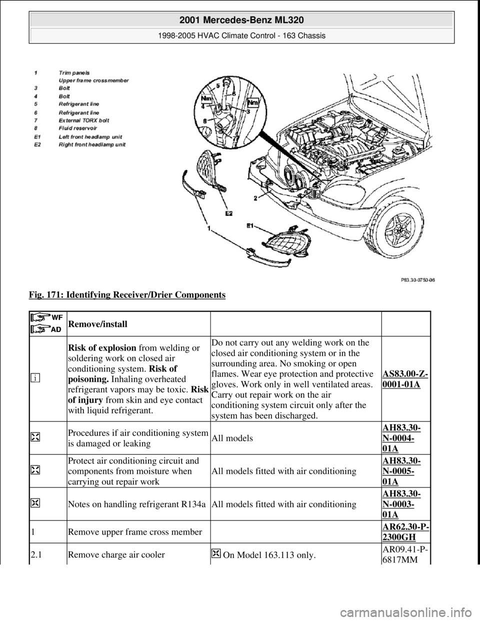 MERCEDES-BENZ ML350 1997 Complete Repair Manual Fig. 171: Identifying Receiver/Drier Components
Remove/install
Risk of explosion from welding or
soldering work on closed air
conditioning system. Risk of
poisoning. Inhaling overheated
re MERCEDES-BENZ ML350 1997 Complete Repair Manual Fig. 171: Identifying Receiver/Drier Components
Remove/install
Risk of explosion from welding or
soldering work on closed air
conditioning system. Risk of
poisoning. Inhaling overheated
re