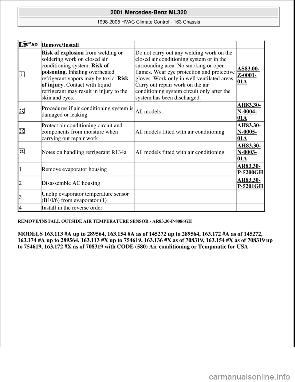 MERCEDES-BENZ ML350 1997 Complete Repair Manual REMOVE/INSTALL OUTSIDE AIR TEMPERATURE SENSOR - AR83.30-P-8086GH
MODELS 163.113 #A up to 289564, 163.154 #A as of 145272 up to 289564, 163.172 #A as of 145272,
163.174 #A up to 289564, 163.113 #X up MERCEDES-BENZ ML350 1997 Complete Repair Manual REMOVE/INSTALL OUTSIDE AIR TEMPERATURE SENSOR - AR83.30-P-8086GH
MODELS 163.113 #A up to 289564, 163.154 #A as of 145272 up to 289564, 163.172 #A as of 145272,
163.174 #A up to 289564, 163.113 #X up