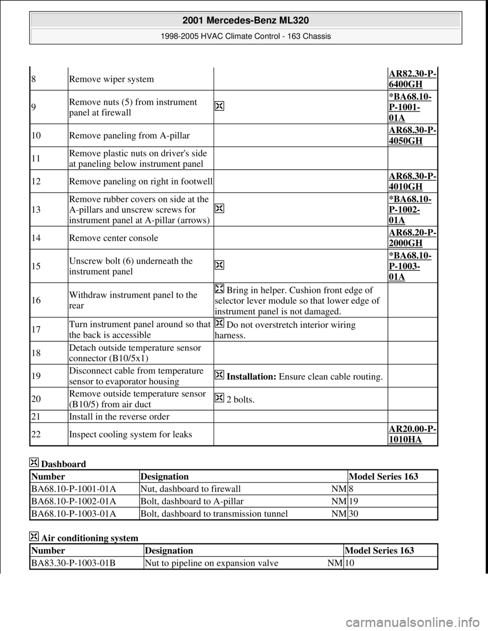 MERCEDES-BENZ ML350 1997 Complete Repair Manual Dashboard
Air conditioning system
8Remove wiper system AR82.30-P-
6400GH
9Remove nuts (5) from instrument
panel at firewall
*BA68.10-
P-1001-
01A
10Remove paneling from A-pillar AR68.30-P-
4050 MERCEDES-BENZ ML350 1997 Complete Repair Manual Dashboard
Air conditioning system
8Remove wiper system AR82.30-P-
6400GH
9Remove nuts (5) from instrument
panel at firewall
*BA68.10-
P-1001-
01A
10Remove paneling from A-pillar AR68.30-P-
4050
