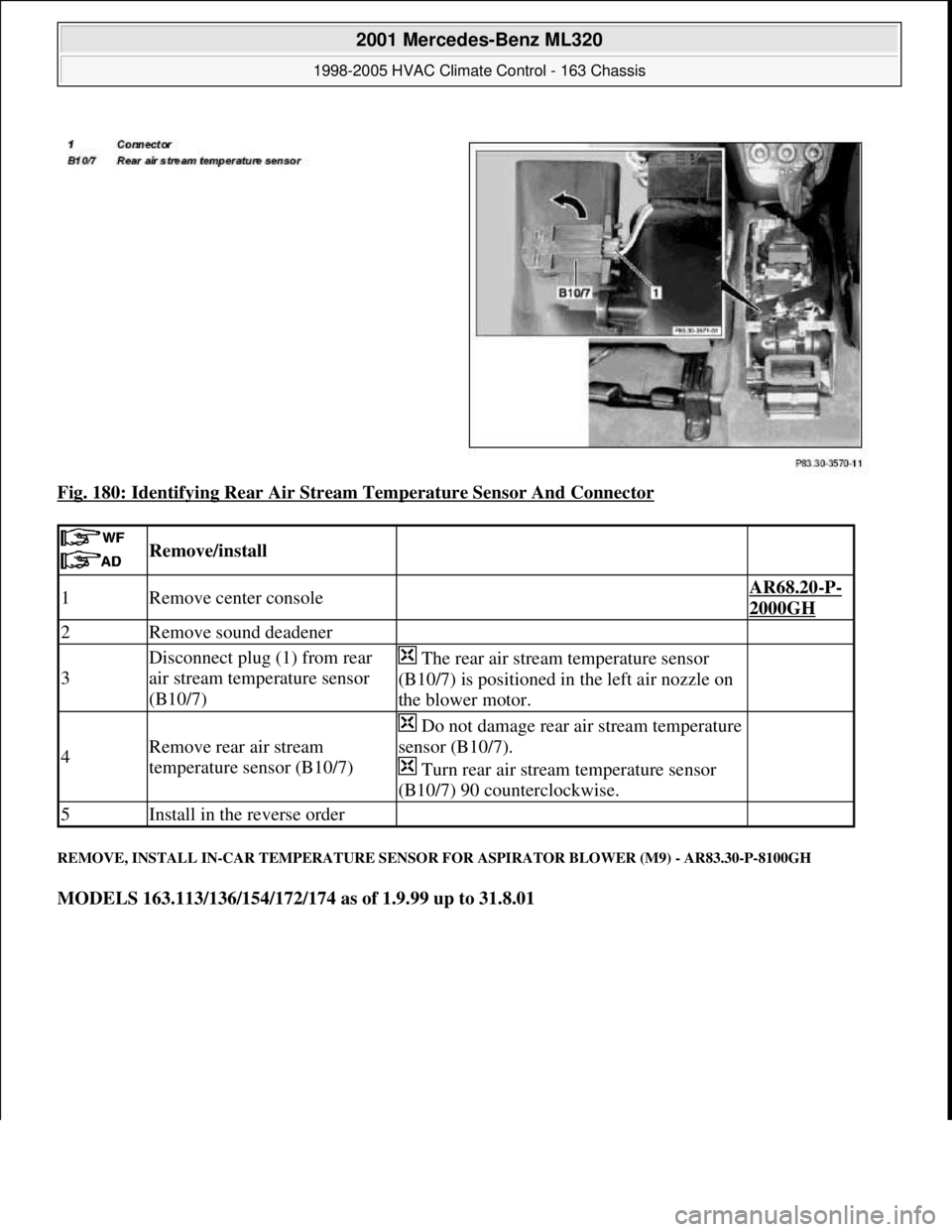MERCEDES-BENZ ML350 1997 Complete Repair Manual Fig. 180: Identifying Rear Air Stream Temperature Sensor And Connector
REMOVE, INSTALL IN-CAR TEMPERATURE SENSOR FOR ASPIRATOR BLOWER (M9) - AR83.30-P-8100GH
MODELS 163.113/136/154/172/174 as of 1.9 MERCEDES-BENZ ML350 1997 Complete Repair Manual Fig. 180: Identifying Rear Air Stream Temperature Sensor And Connector
REMOVE, INSTALL IN-CAR TEMPERATURE SENSOR FOR ASPIRATOR BLOWER (M9) - AR83.30-P-8100GH
MODELS 163.113/136/154/172/174 as of 1.9