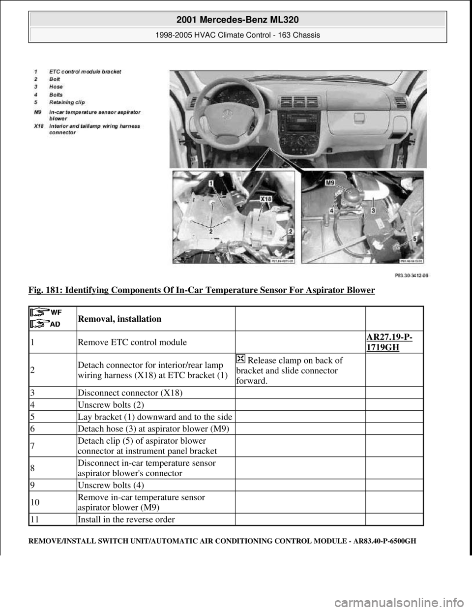 MERCEDES-BENZ ML350 1997 Complete Repair Manual Fig. 181: Identifying Components Of In-Car Temperature Sensor For Aspirator Blower
REMOVE/INSTALL SWITCH UNIT/AUTOMATIC AIR CONDITIONING CONTROL MODULE - AR83.40-P-6500GH
Removal, installation
1 MERCEDES-BENZ ML350 1997 Complete Repair Manual Fig. 181: Identifying Components Of In-Car Temperature Sensor For Aspirator Blower
REMOVE/INSTALL SWITCH UNIT/AUTOMATIC AIR CONDITIONING CONTROL MODULE - AR83.40-P-6500GH
Removal, installation
1