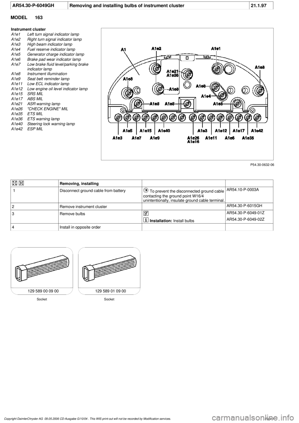 MERCEDES-BENZ ML350 1997  Complete Repair Manual 
 AR54.30-P-6049GH
Removing and installing bulbs of instrument cluster
21.1.97

MODEL 
163

P54.30-0632-06

Instrument cluster

A1e1
 Left turn signal indicator lamp

A1e2
 Right turn signal indicator
