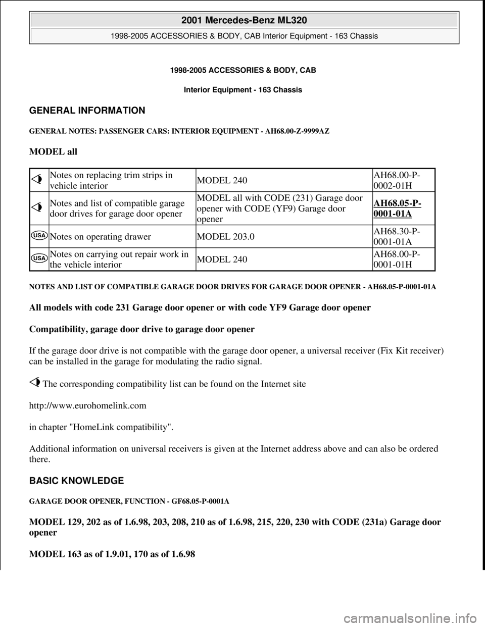 MERCEDES-BENZ ML350 1997  Complete Repair Manual 1998-2005 ACCESSORIES & BODY, CAB
Interior Equipment - 163 Chassis 
GENERAL INFORMATION 
GENERAL NOTES: PASSENGER CARS: INTERIOR EQUIPMENT - AH68.00-Z-9999AZ 
MODEL all  
NOTES AND LIST OF COMPATIBLE 