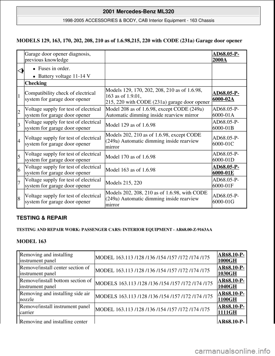 MERCEDES-BENZ ML350 1997  Complete Repair Manual MODELS 129, 163, 170, 202, 208, 210 as of 1.6.98,215, 220 with CODE (231a) Garage door opener
TESTING & REPAIR 
TESTING AND REPAIR WORK: PASSENGER CARS: INTERIOR EQUIPMENT - AR68.00-Z-9163AA 
MODEL 16