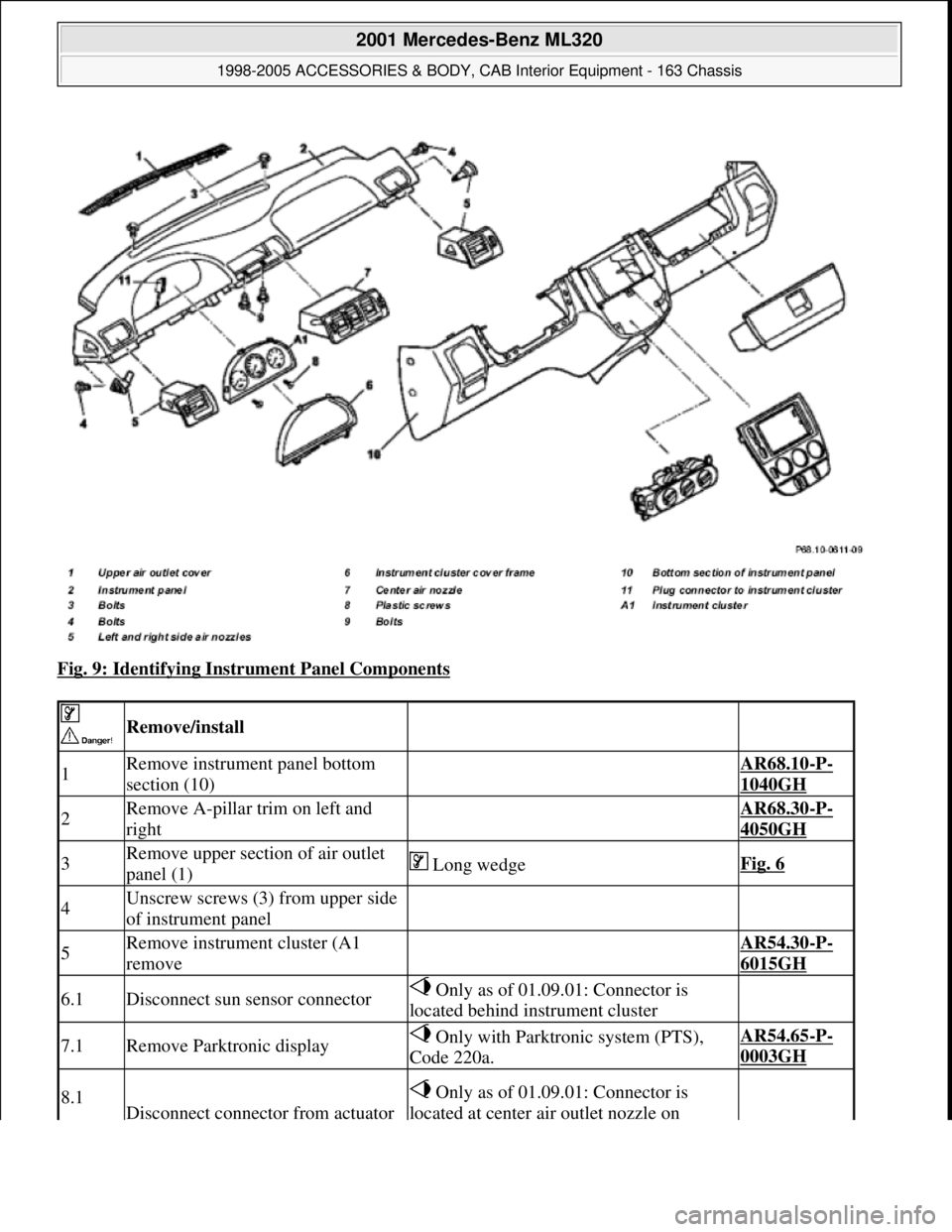MERCEDES-BENZ ML350 1997  Complete Repair Manual Fig. 9: Identifying Instrument Panel Components 
 
 Remove/install  
1Remove instrument panel bottom 
section (10) AR68.10-P-
1040GH
2Remove A-pillar trim on left and 
right AR68.30-P-
4050GH
3Remove 
