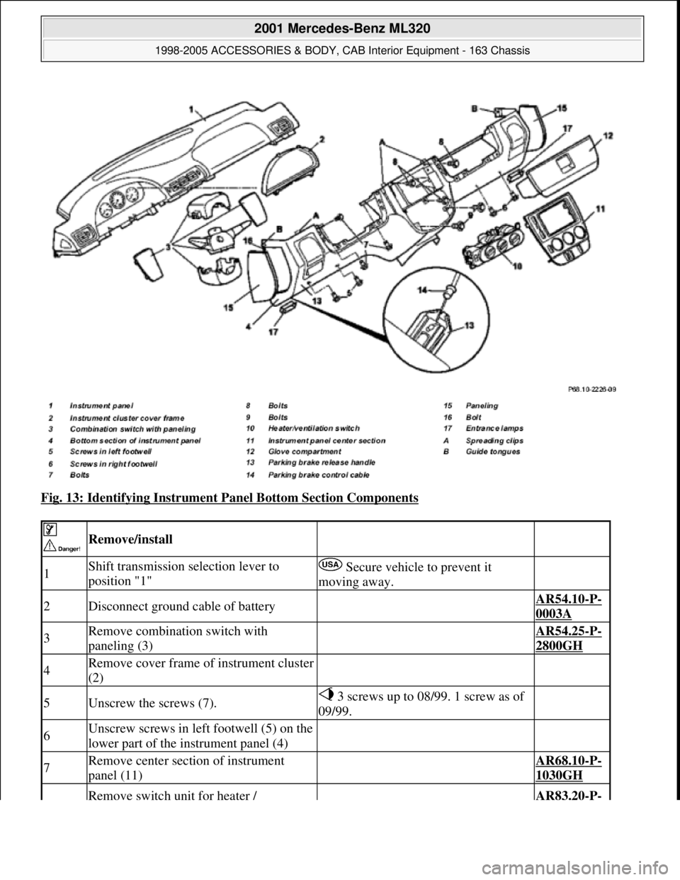 MERCEDES-BENZ ML350 1997  Complete Repair Manual Fig. 13: Identifying Instrument Panel Bottom Section Components 
 
 Remove/install  
1Shift transmission selection lever to 
position "1" Secure vehicle to prevent it 
moving away. 
2Disconnect ground
