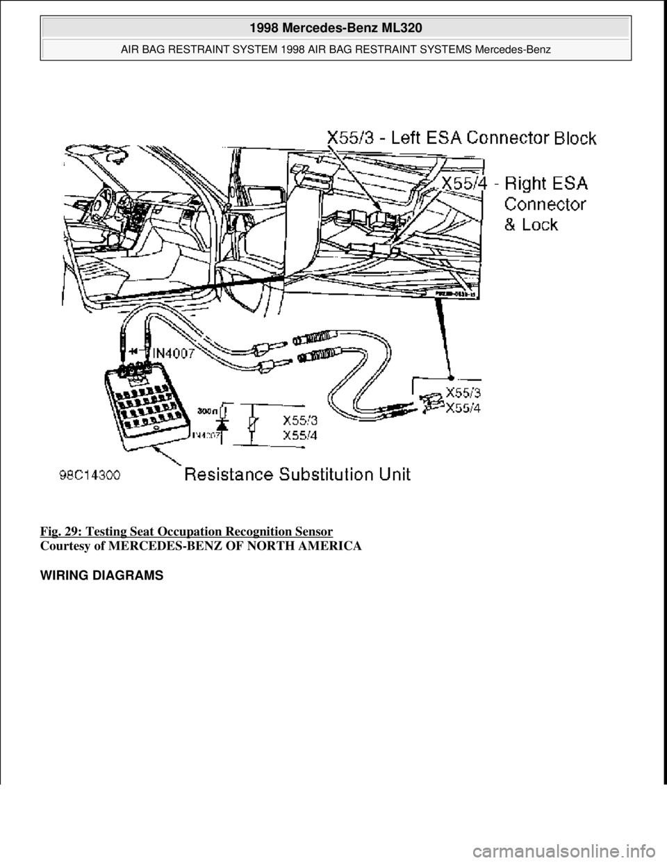 MERCEDES-BENZ ML350 1997  Complete Owners Guide Fig. 29: Testing Seat Occupation Recognition Sensor 
Courtesy of MERCEDES-BENZ OF NORTH AMERICA 
WIRING DIAGRAMS 
 
1998 Mercedes-Benz ML320 
AIR BAG RESTRAINT SYSTEM 1998 AIR BAG RESTRAINT SYSTEMS Me