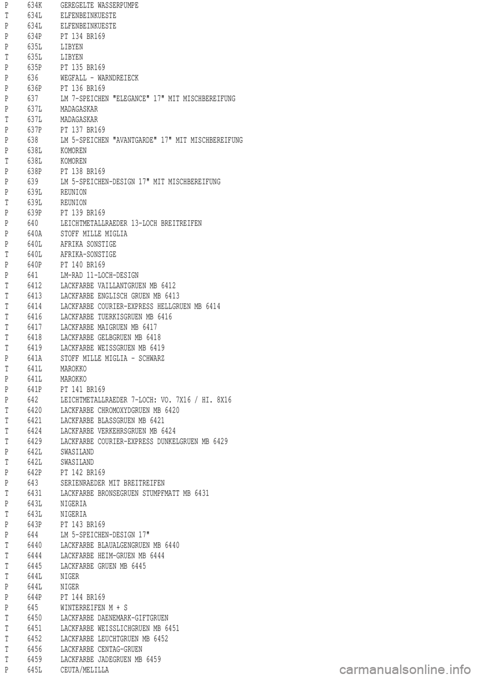 MERCEDES-BENZ ML350 1997  Complete Repair Manual P 634K GEREGELTE WASSERPUMPE
T 634L ELFENBEINKUESTE
P 634L ELFENBEINKUESTE
P 634P PT 134 BR169
P 635L LIBYEN
T 635L LIBYEN
P 635P PT 135 BR169
P 636 WEGFALL - WARNDREIECK
P 636P PT 136 BR169
P 637 LM 