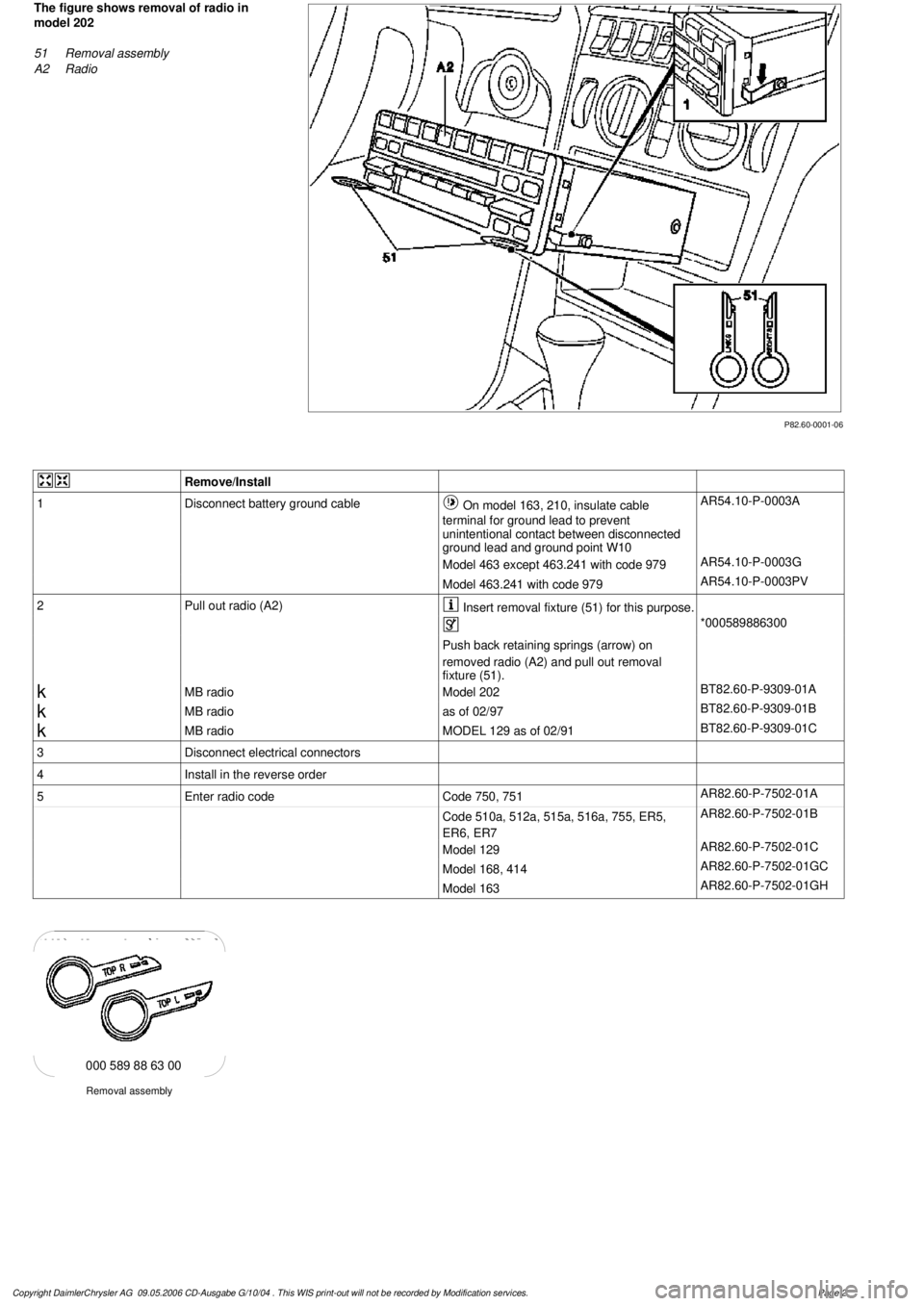 MERCEDES-BENZ ML350 1997 Complete Repair Manual
P82.60-0001-06
The figure shows removal of radio in
model 202
51
Removal assembly
A2
Radio
Remove/Install
1
Disconnect battery ground cable
On model 163, 210, insulate cable
terminal fo MERCEDES-BENZ ML350 1997 Complete Repair Manual
P82.60-0001-06
The figure shows removal of radio in
model 202
51
Removal assembly
A2
Radio
Remove/Install
1
Disconnect battery ground cable
On model 163, 210, insulate cable
terminal fo
