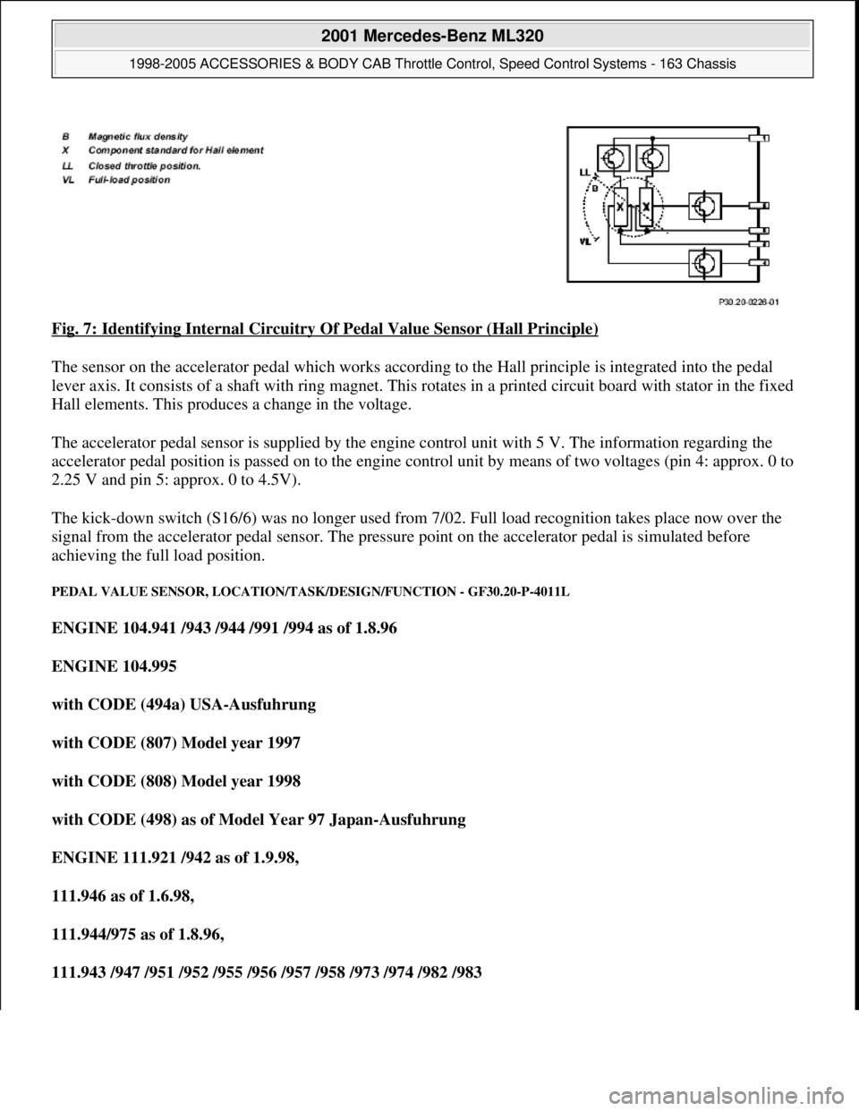 MERCEDES-BENZ ML350 1997 Complete Repair Manual Fig. 7: Identifying Internal Circuitry Of Pedal Value Sensor (Hall Principle)
The sensor on the accelerator pedal which works according to the Hall principle is integrated into the pedal
lever axis. MERCEDES-BENZ ML350 1997 Complete Repair Manual Fig. 7: Identifying Internal Circuitry Of Pedal Value Sensor (Hall Principle)
The sensor on the accelerator pedal which works according to the Hall principle is integrated into the pedal
lever axis.