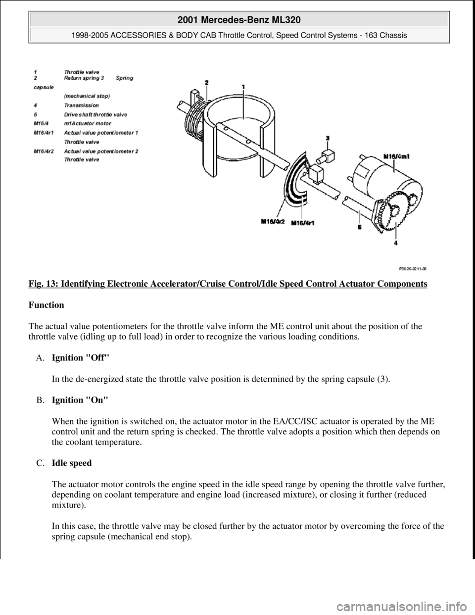 MERCEDES-BENZ ML350 1997 Complete Repair Manual Fig. 13: Identifying Electronic Accelerator/Cruise Control/Idle Speed Control Actuator Components
Function
The actual value potentiometers for the throttle valve inform the ME control unit about th MERCEDES-BENZ ML350 1997 Complete Repair Manual Fig. 13: Identifying Electronic Accelerator/Cruise Control/Idle Speed Control Actuator Components
Function
The actual value potentiometers for the throttle valve inform the ME control unit about th