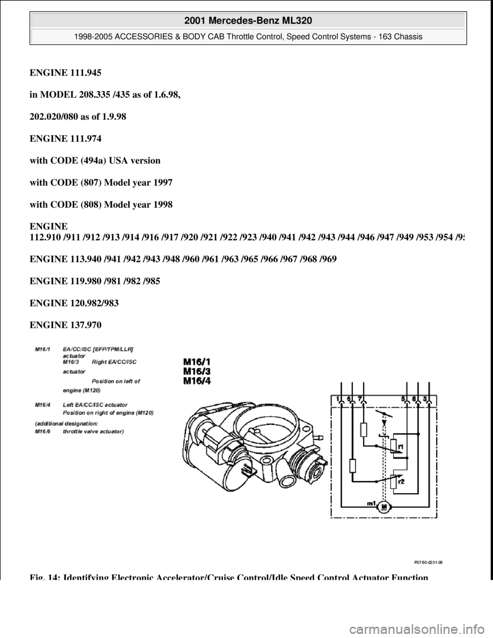 MERCEDES-BENZ ML350 1997 Complete Repair Manual ENGINE 111.945
in MODEL 208.335 /435 as of 1.6.98,
202.020/080 as of 1.9.98
ENGINE 111.974
with CODE (494a) USA version
with CODE (807) Model year 1997
with CODE (808) Model year 1998
EN MERCEDES-BENZ ML350 1997 Complete Repair Manual ENGINE 111.945
in MODEL 208.335 /435 as of 1.6.98,
202.020/080 as of 1.9.98
ENGINE 111.974
with CODE (494a) USA version
with CODE (807) Model year 1997
with CODE (808) Model year 1998
EN