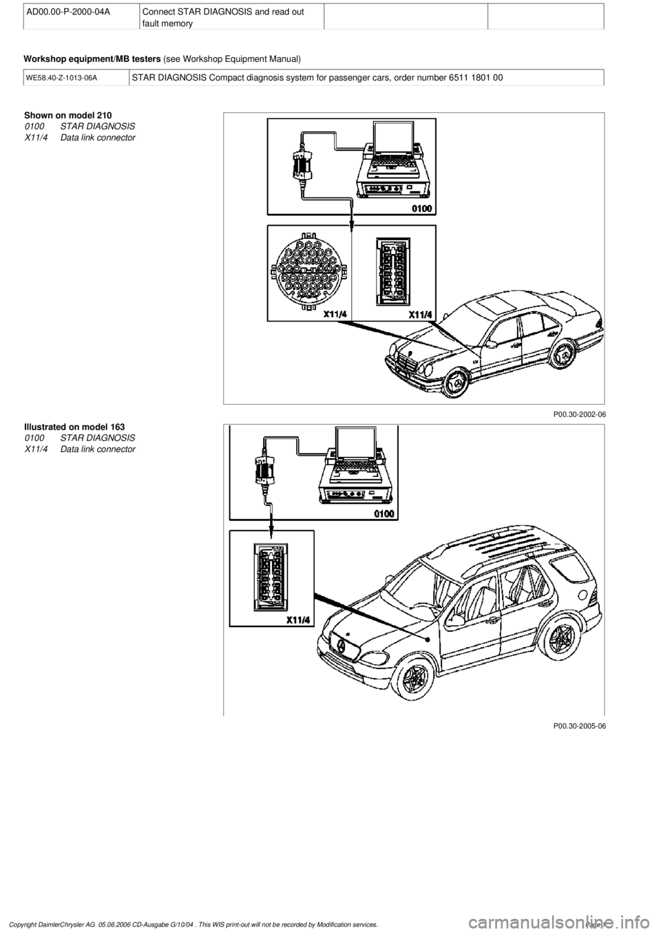 MERCEDES-BENZ ML350 1997 Complete Repair Manual
AD00.00-P-2000-04A
Connect STAR DIAGNOSIS and read out
fault memory
Workshop equipment/MB testers
(see Workshop Equipment Manual)
WE58.40-Z-1013-06A
STAR DIAGNOSIS Compact diagnosis system for MERCEDES-BENZ ML350 1997 Complete Repair Manual
AD00.00-P-2000-04A
Connect STAR DIAGNOSIS and read out
fault memory
Workshop equipment/MB testers
(see Workshop Equipment Manual)
WE58.40-Z-1013-06A
STAR DIAGNOSIS Compact diagnosis system for