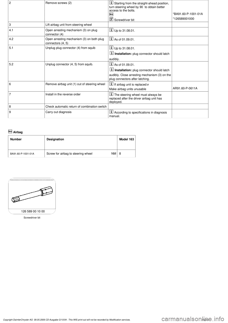MERCEDES-BENZ ML350 1997  Complete Repair Manual  2
Remove screws (2)

 Starting from the straight-ahead position, 

turn steering wheel by 90  to obtain better 

access to the bolts.
 

*BA91.60-P-1001-01A

 Screwdriver bit 

*126589001000

3
Lift 