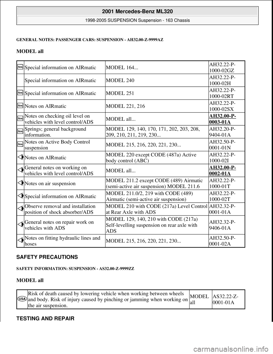 MERCEDES-BENZ ML350 1997  Complete Repair Manual GENERAL NOTES: PASSENGER CARS: SUSPENSION - AH32.00-Z-9999AZ
MODEL all  
SAFETY PRECAUTIONS 
SAFETY INFORMATION: SUSPENSION - AS32.00-Z-9999ZZ 
MODEL all  
TESTING AND REPAIR 
 Special information on 